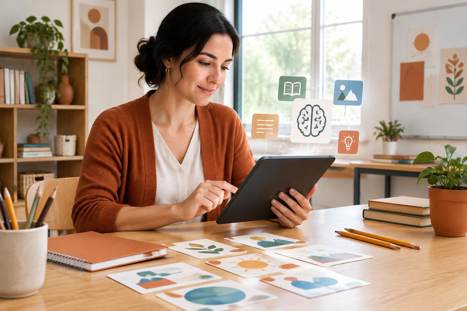Illustration of a teacher reviewing digital learning tools