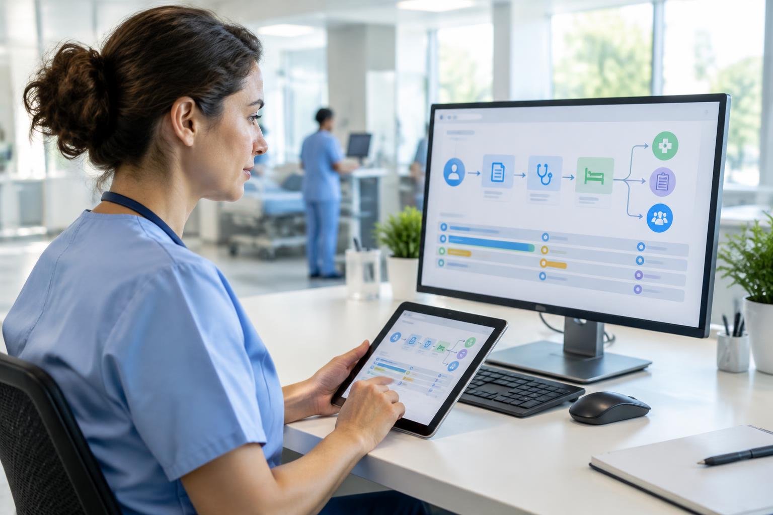 Illustration of a clinician reviewing a healthcare software workflow