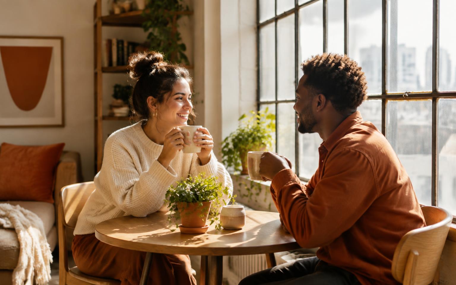 Two people talking over coffee by a window