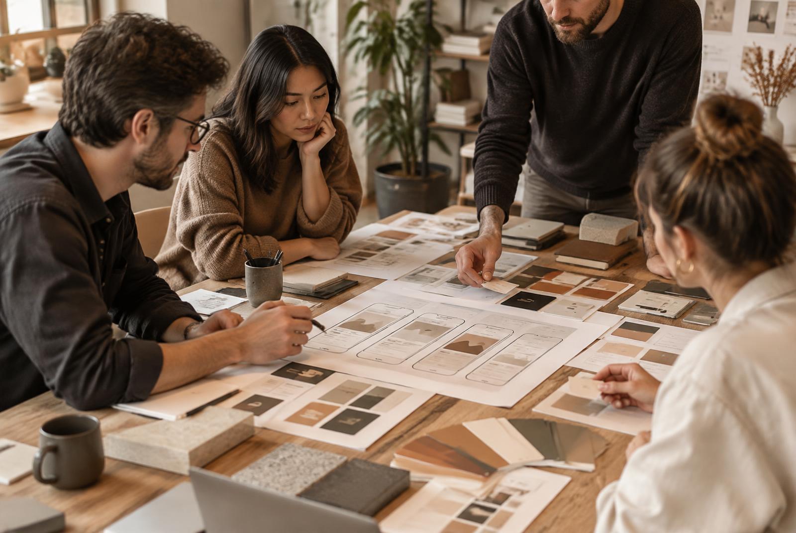 Product designers arranging mobile interface components during a workshop