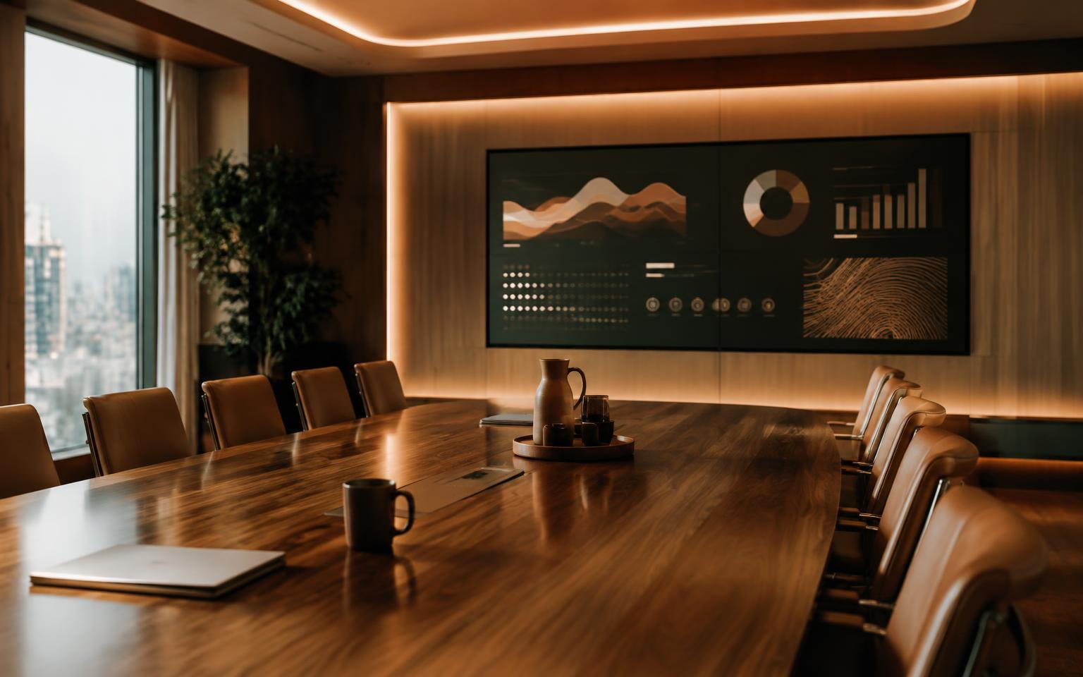 Executive boardroom with data on screen