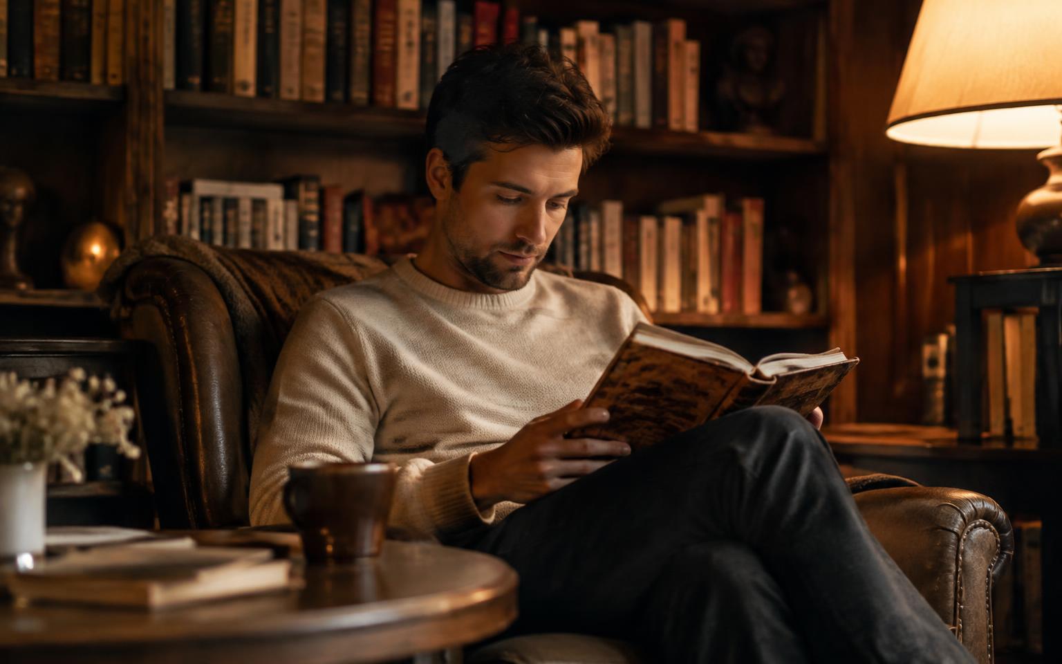 Founder reading notes in a library chair