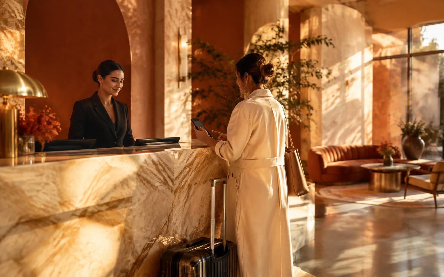 Guest checking in with a phone at a boutique hotel