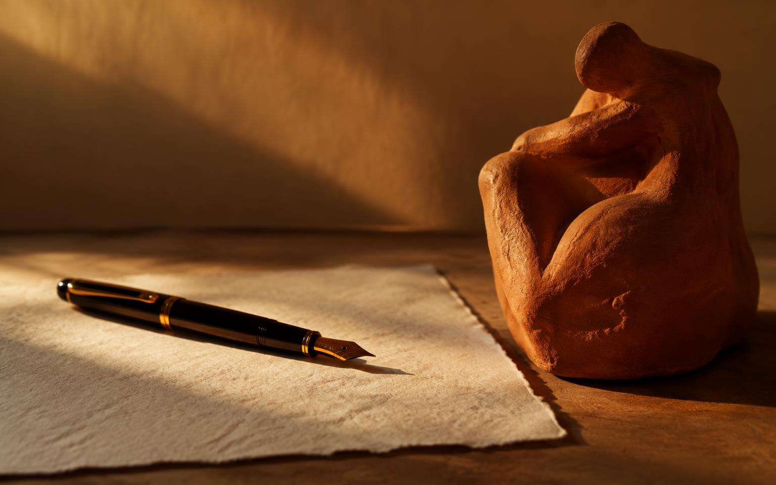 Fountain pen and clay sculpture on handmade paper