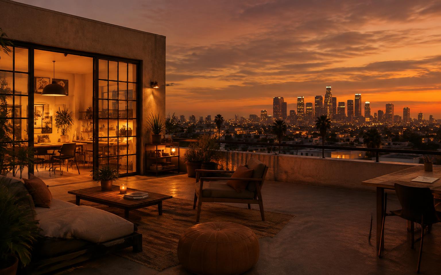 Los Angeles skyline from a studio rooftop at dusk
