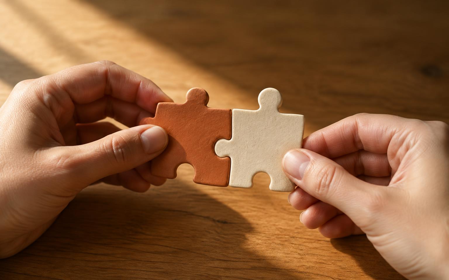 Two hands joining puzzle pieces