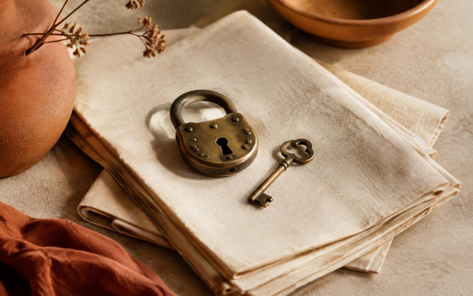 Brass padlock and key on folded linen