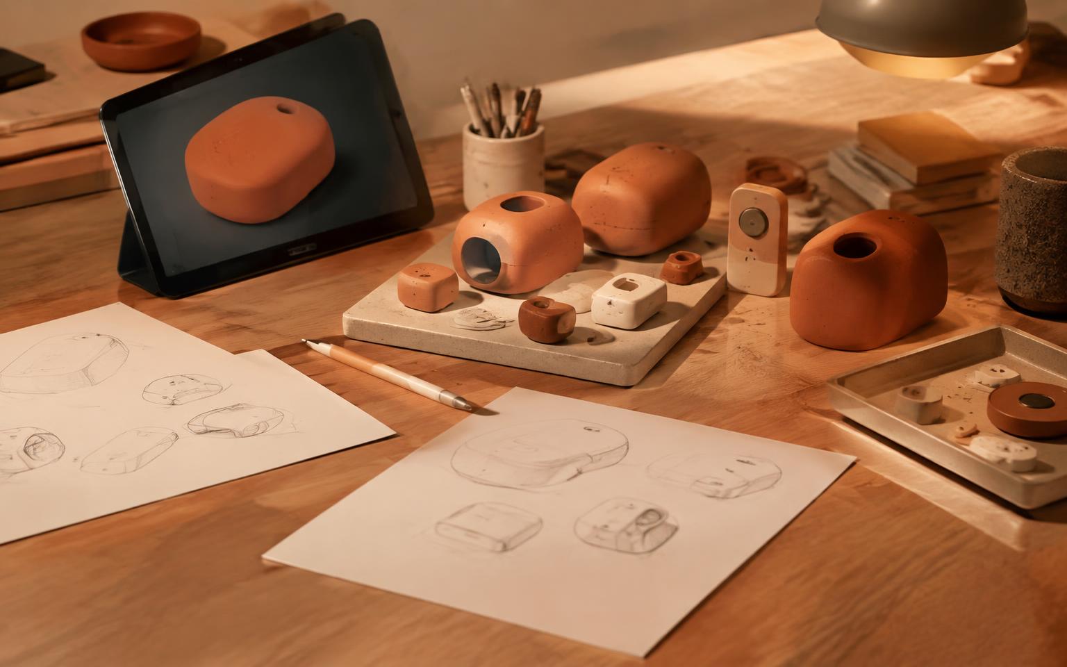 Lab bench of clay prototypes and sketches