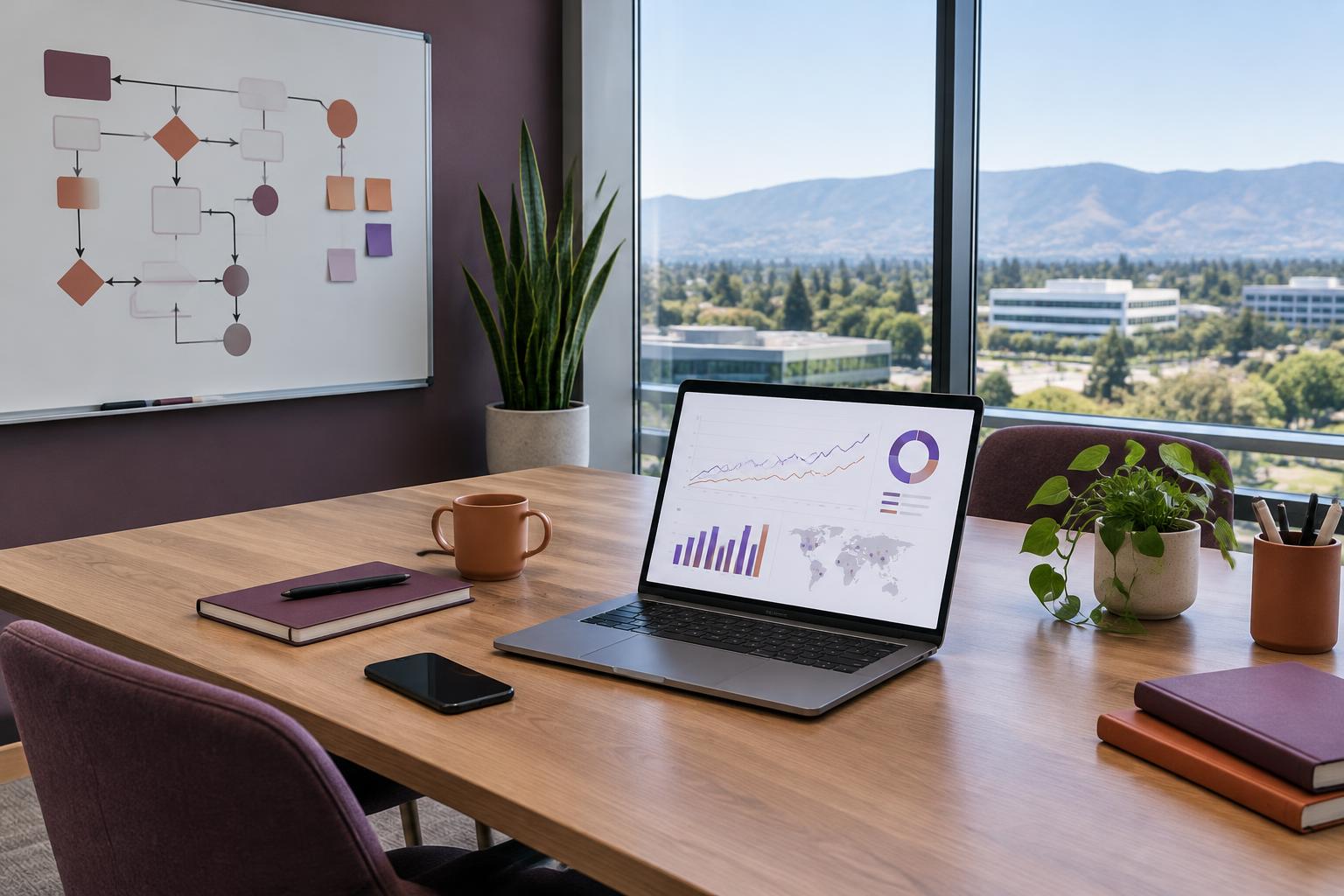Illustrative SaaS product planning workspace overlooking Silicon Valley