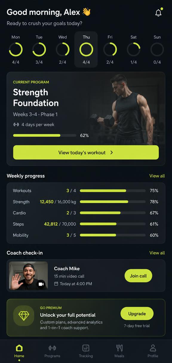 Fitness and wellness app interface built by WVE Labs