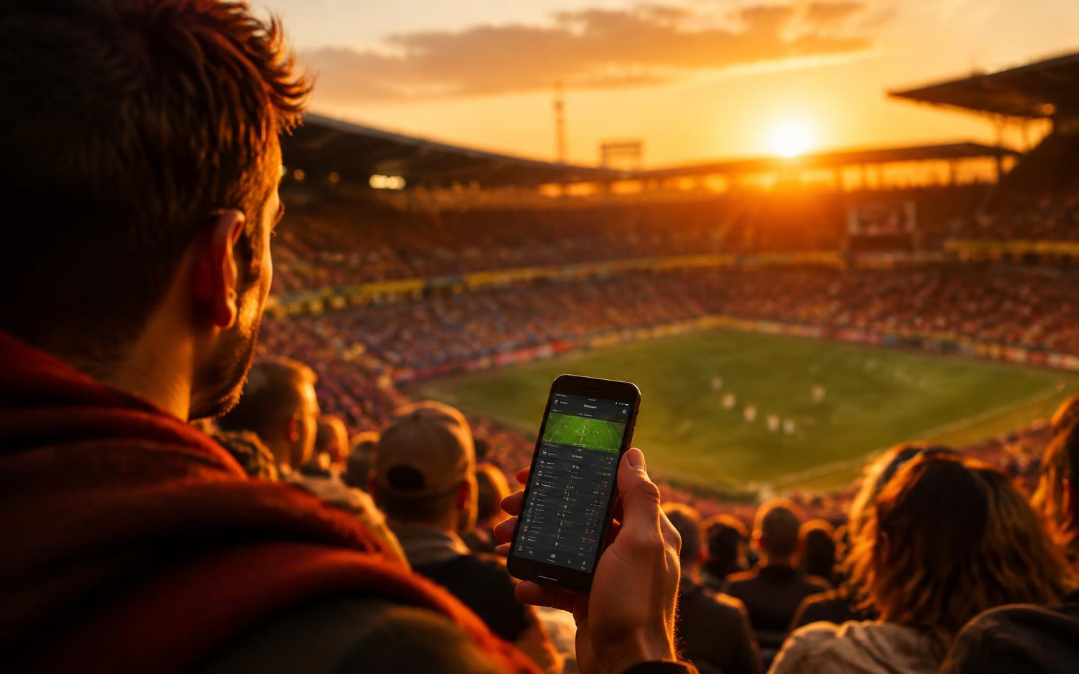Fan following live scores in a stadium at sunset